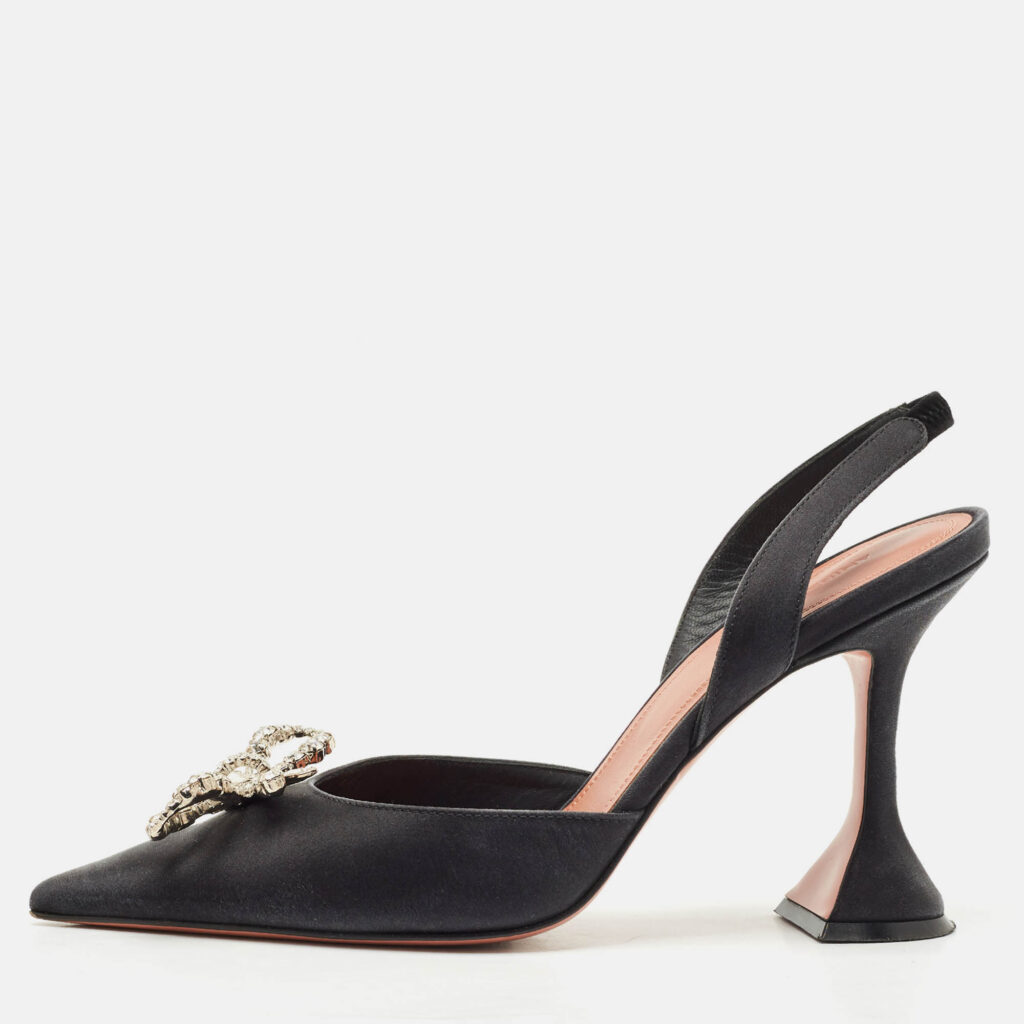 luxury-women-amina-muaddi-used-shoes-p1160496-010 Amina Muaddi Black Satin Begum Crystal-Embellished Slingback Pumps Size 38