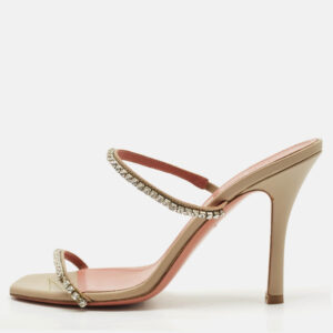 Amina Muaddi Grey Leather Crystal Embellished Gilda Slide Sandals Size 36.5