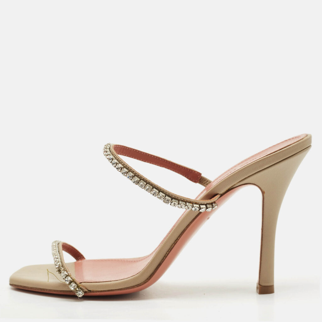 luxury-women-amina-muaddi-used-shoes-p1160993-010 Amina Muaddi Grey Leather Crystal Embellished Gilda Slide Sandals Size 36.5