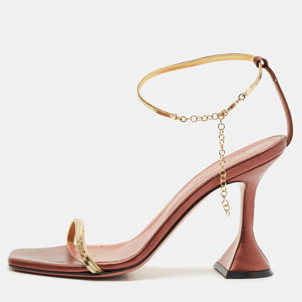 luxury-women-amina-muaddi-used-shoes-p1161002-009 Amina Muaddi Pink/Gold Leather Gid Ankle Strap Sandals Size 36
