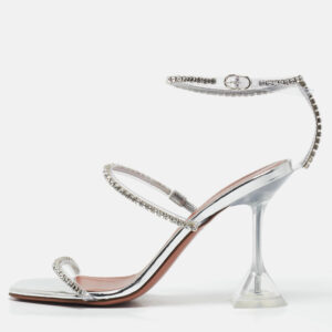 Amina Muaddi Silver Leather Glid Ankle Strap Sandals Size 36