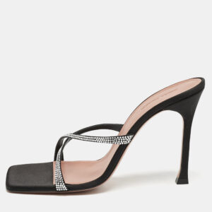 Amina Muaddi Black Satin Crystal Embellished Crisscross Adriana Slide Sandals Size 40