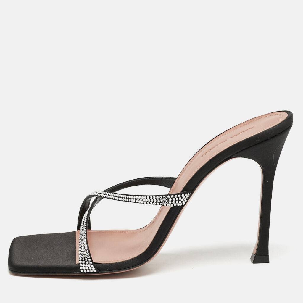 luxury-women-amina-muaddi-used-shoes-p1169307-009 Amina Muaddi Black Satin Crystal Embellished Crisscross Adriana Slide Sandals Size 40