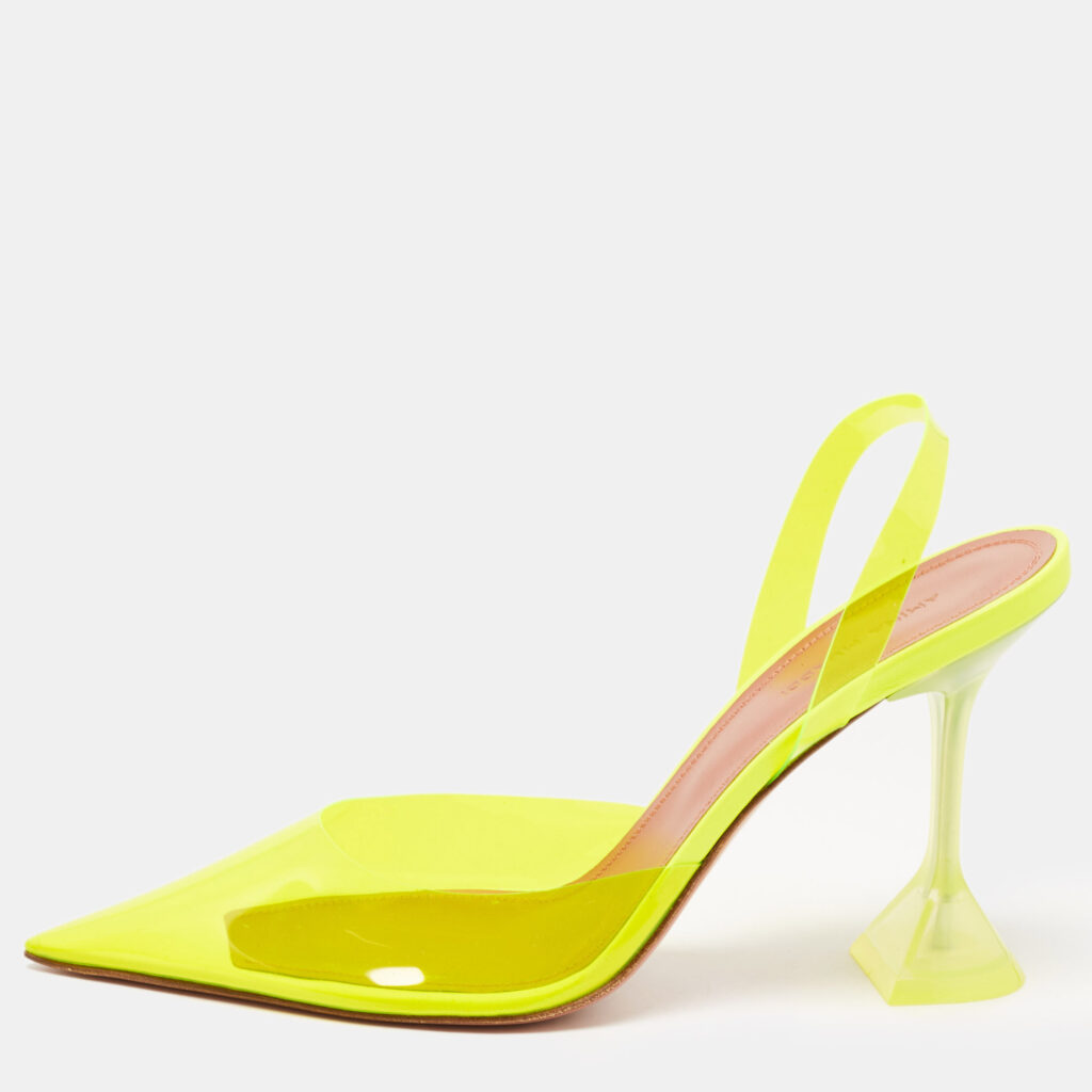 luxury-women-amina-muaddi-used-shoes-p801599-001 Amina Muaddi Yellow PVC Holli Glass Slingback Pumps Size 40.5
