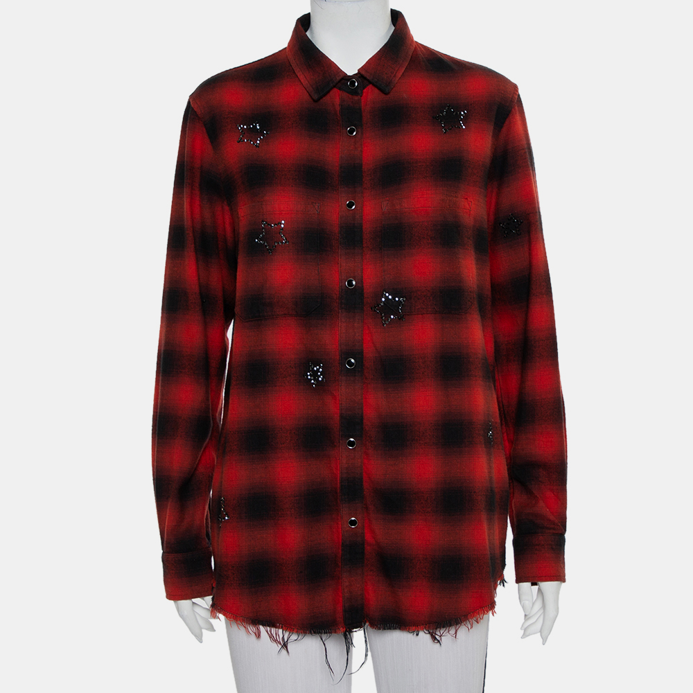 luxury-women-amiri-used-clothes-p432300-008 Amiri Red & Black Plaided Flannel Crystal Star Embellished Frayed Hem Shirt S