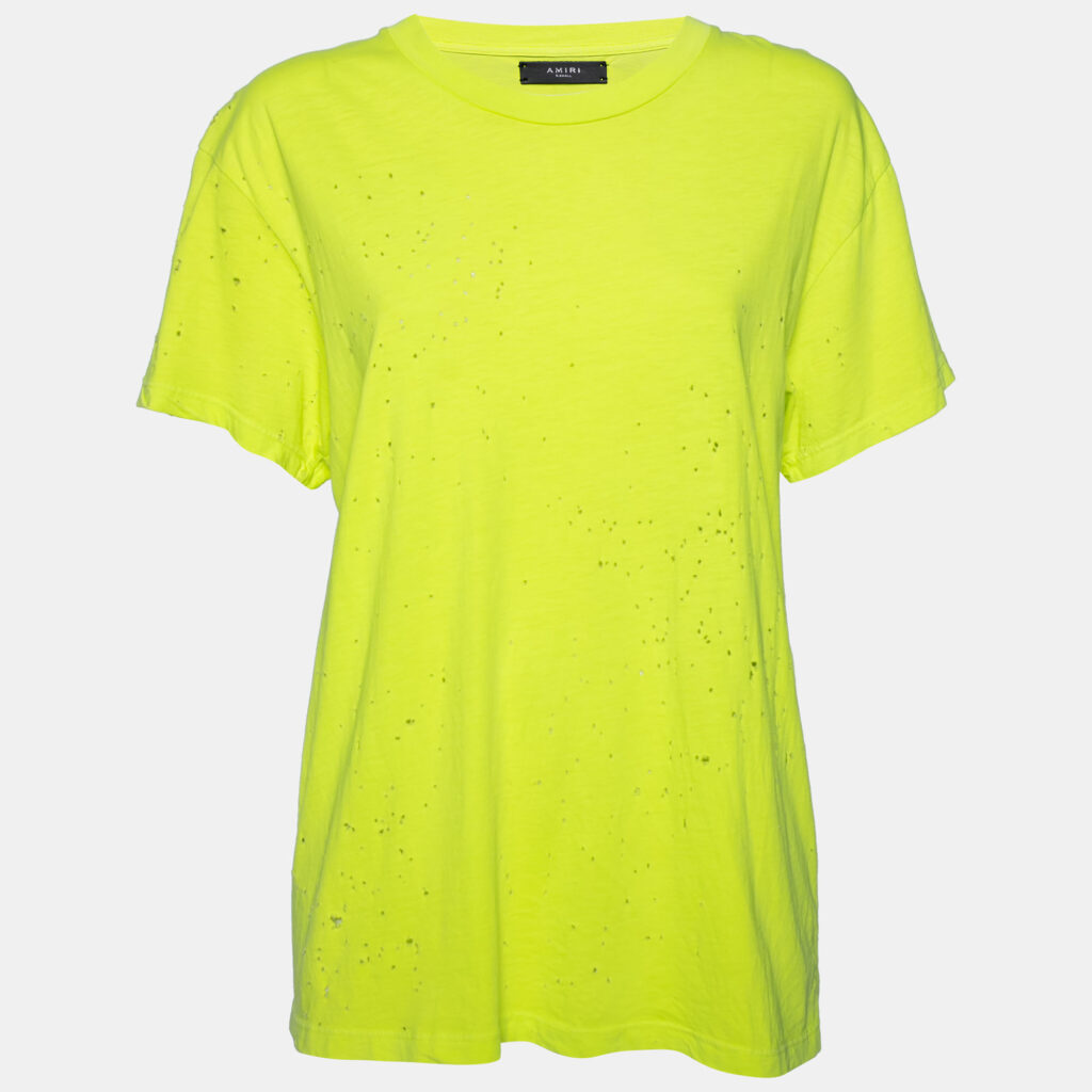 luxury-women-amiri-used-clothes-p631256-001-2 Amiri Neon Green Cotton Distressed Finish Crew Neck Short Sleeve Top S