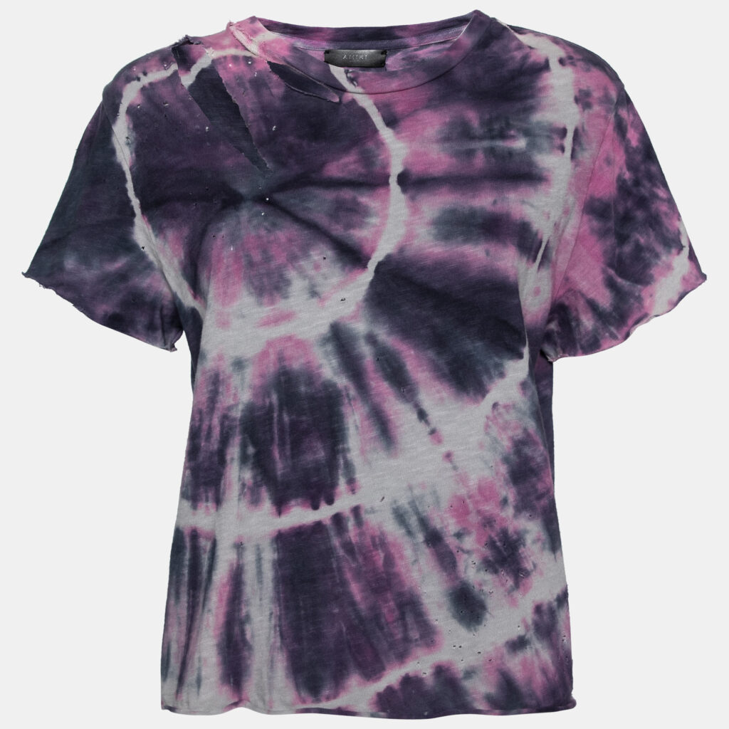 luxury-women-amiri-used-clothes-p631267-001-2 Amiri Purple Tie Dye Printed Cotton Distressed Crew Neck Top L