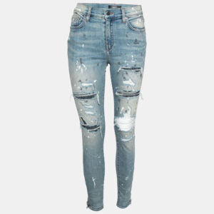 Amiri Blue Distressed Denim Crystal Embellished Inset Detail Skinny Jeans M