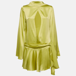Amrhea Green Silk Satin Draped Mini Dress S