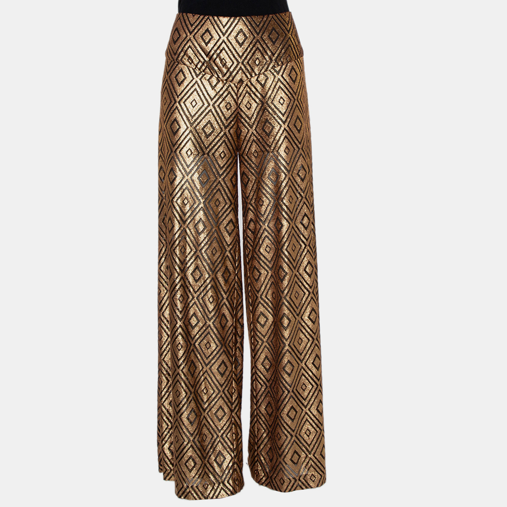 luxury-women-anna-sui-used-clothes-p430600-010 Anna Sui Gold Knitted Geometric Design High Waist Wide Leg Trouser M