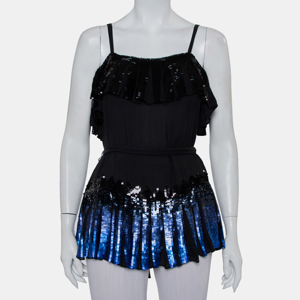 luxury-women-anna-sui-used-clothes-p431456-009 Anna Sui Black Sequin Embellished Silk Pleated Detail Belted Top S