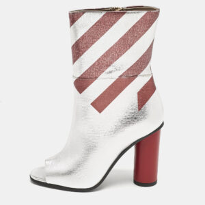 Anya Hindmarch Silver/Burgundy Stripe Leather Peep Toe Ankle Boots Size 37