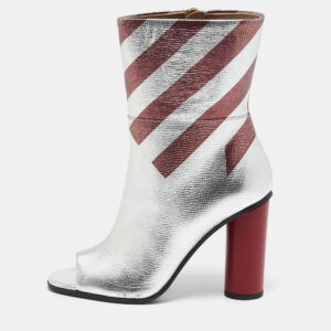 Anya Hindmarch Silver/Burgundy Stripe Leather Peep Toe Ankle Boots Size 38
