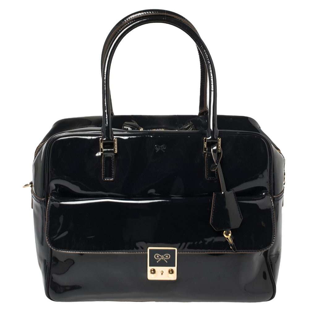 luxury-women-anya-hindmarch-used-handbags-p445802-001 Anya Hindmarch Navy Blue Patent Leather Carker Satchel