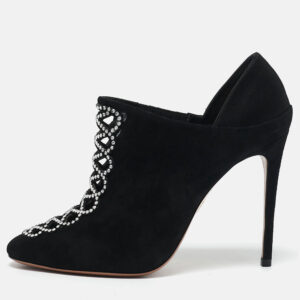 Aquazzura Black Suede Leather and Satin Crystal Embellished Amour Pumps Size 37.5