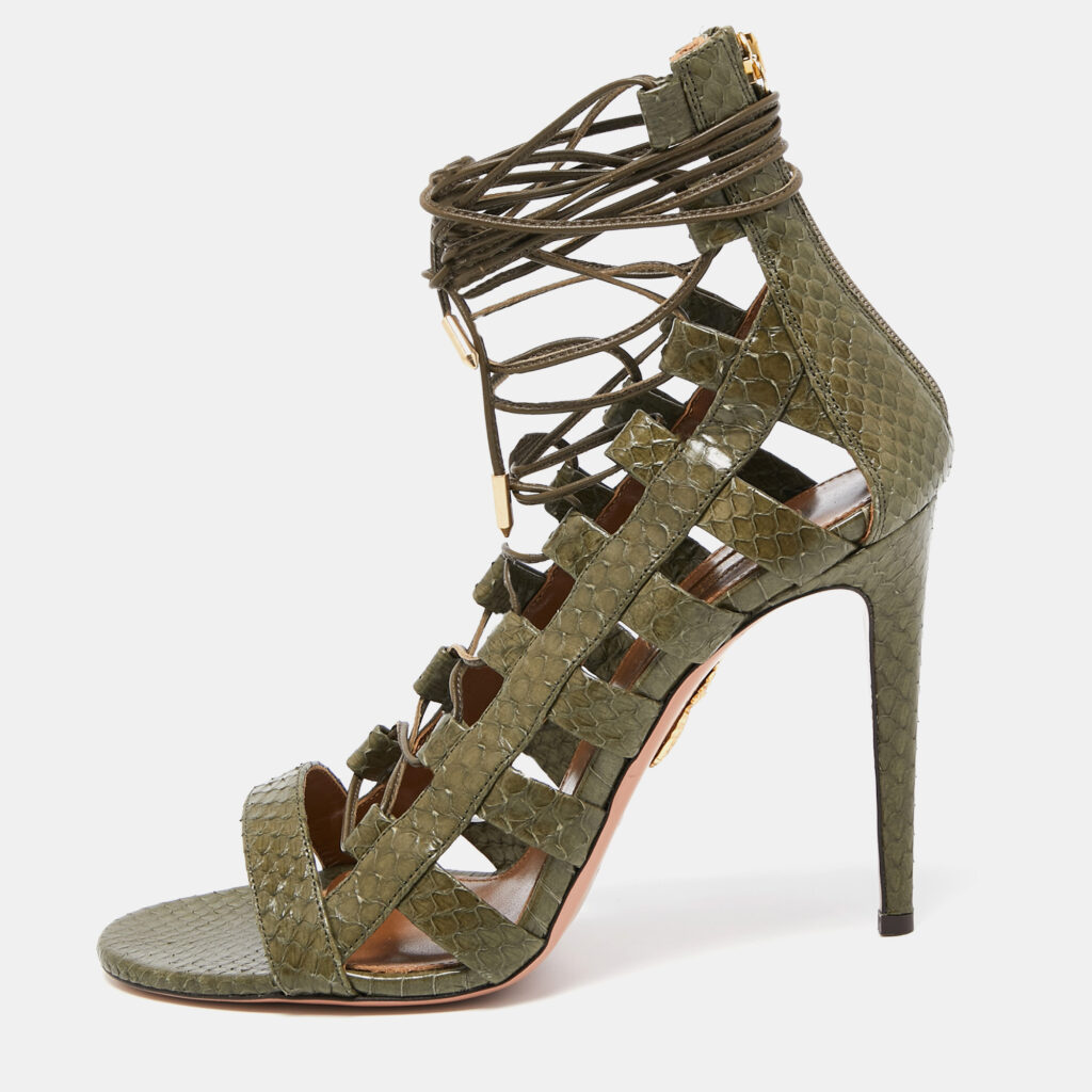 luxury-women-aquazzura-new-shoes-p900039-001 Aquazzura Green Python Amazon Lace Up Open Toe Sandals Size 41