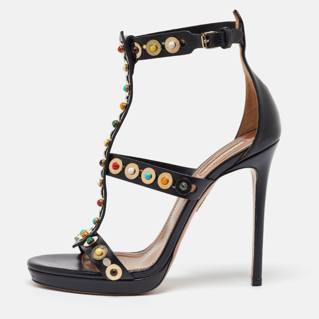 luxury-women-aquazzura-used-shoes-p1027572-010 Aquazzura Black Leather Platform Ankle Strap Sandals Size 39.5