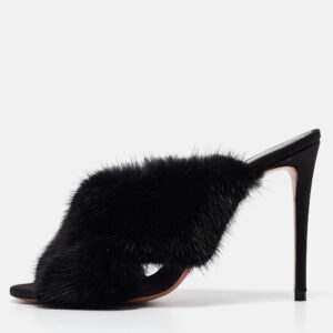 Aquazzura Black Mink Fur Slide Sandals Size 37