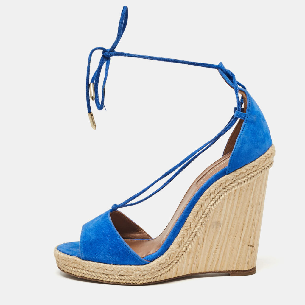 luxury-women-aquazzura-used-shoes-p1076967-001 Aquazzura Blue Suede Ankle Tie Wedge Sandals Size 38