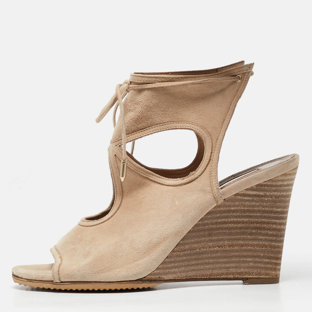 luxury-women-aquazzura-used-shoes-p1086250-010 Aquazzura Beige Suede Wedge Sandals Size 38.5