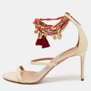 Aquazzura Beige Python Embossed Leather India Ankle Strap Sandals Size 39