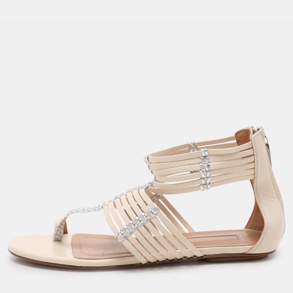luxury-women-aquazzura-used-shoes-p1094235-010 Aquazzura Beige/Silver Leather Ravello Gladiator Toe-Ring Flat Sandals Size 36.5