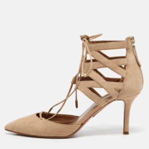 Aquazzura Beige Suede Belgravia Lace Up Pointed Toe Pumps 37.5