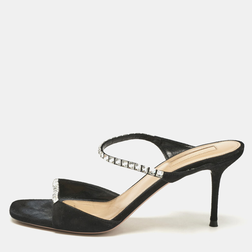 luxury-women-aquazzura-used-shoes-p1115169-010 Aquazzura Black Suede Crystal Embellished Slide Sandals Size 37.5