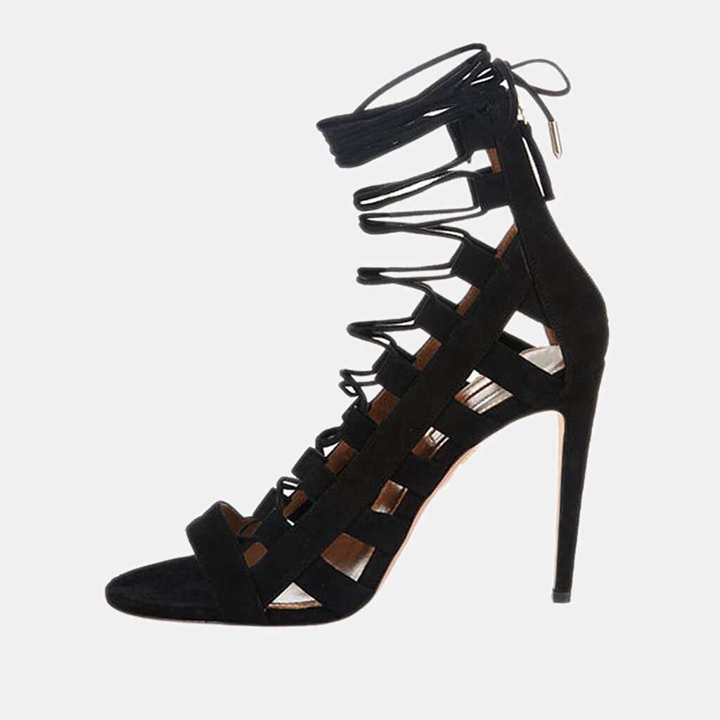 luxury-women-aquazzura-used-shoes-p1117684-002 Aquazzura Black Suede Amazon Lace Up Open Toe Sandals Size 38.5
