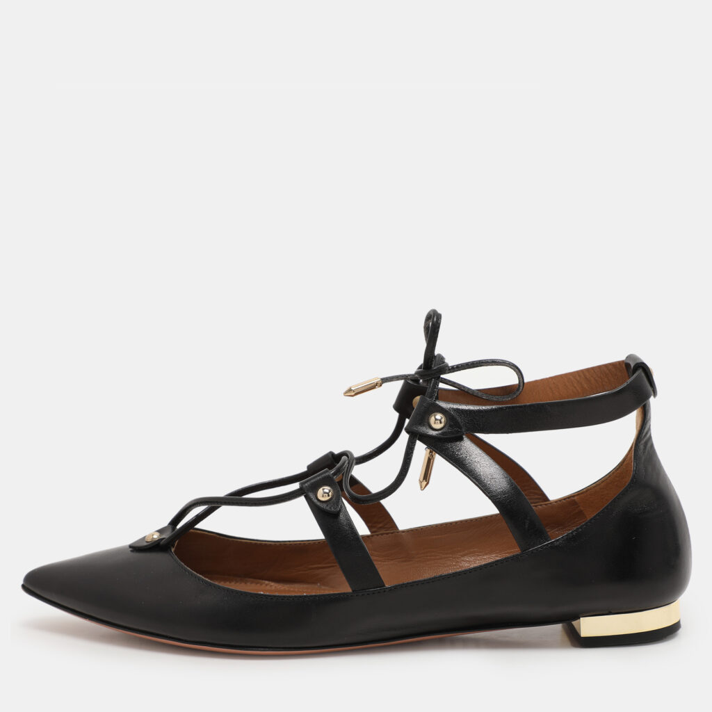 luxury-women-aquazzura-used-shoes-p1121276-001 Aquazzura Black Leather Christy Lace Up Ballet Flats Size 38