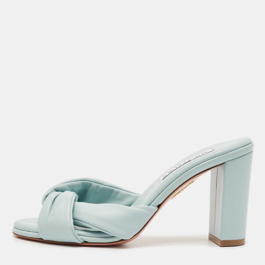 luxury-women-aquazzura-used-shoes-p1122163-003 Aquazzura Blue Knotted Leather Olie Slide Sandals Size 36.5