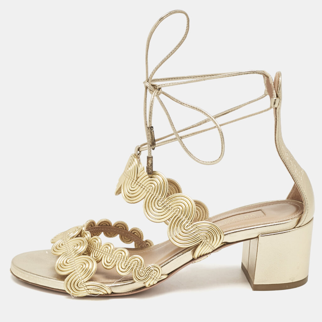 luxury-women-aquazzura-used-shoes-p1124588-006 Aquazzura Gold Leather Ankle Strap Sandals Size 35.5