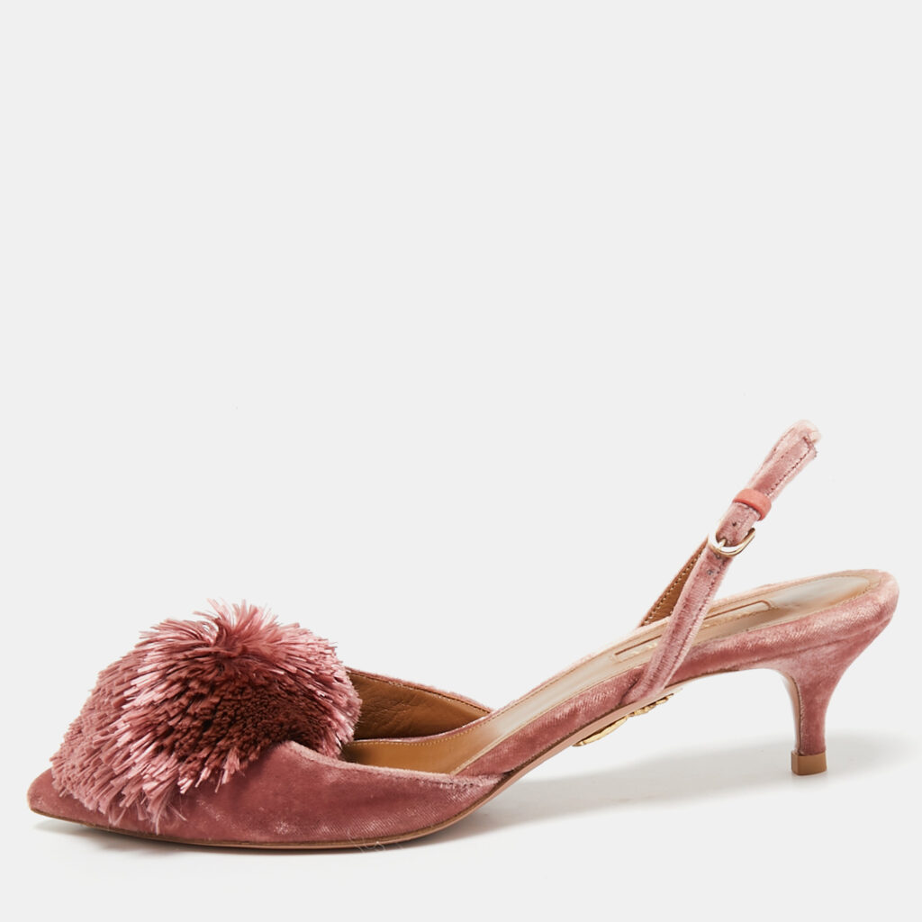 luxury-women-aquazzura-used-shoes-p1130236-002 Aquazzura Pink Velvet Powder Puff Slingback Pumps Size 36.5