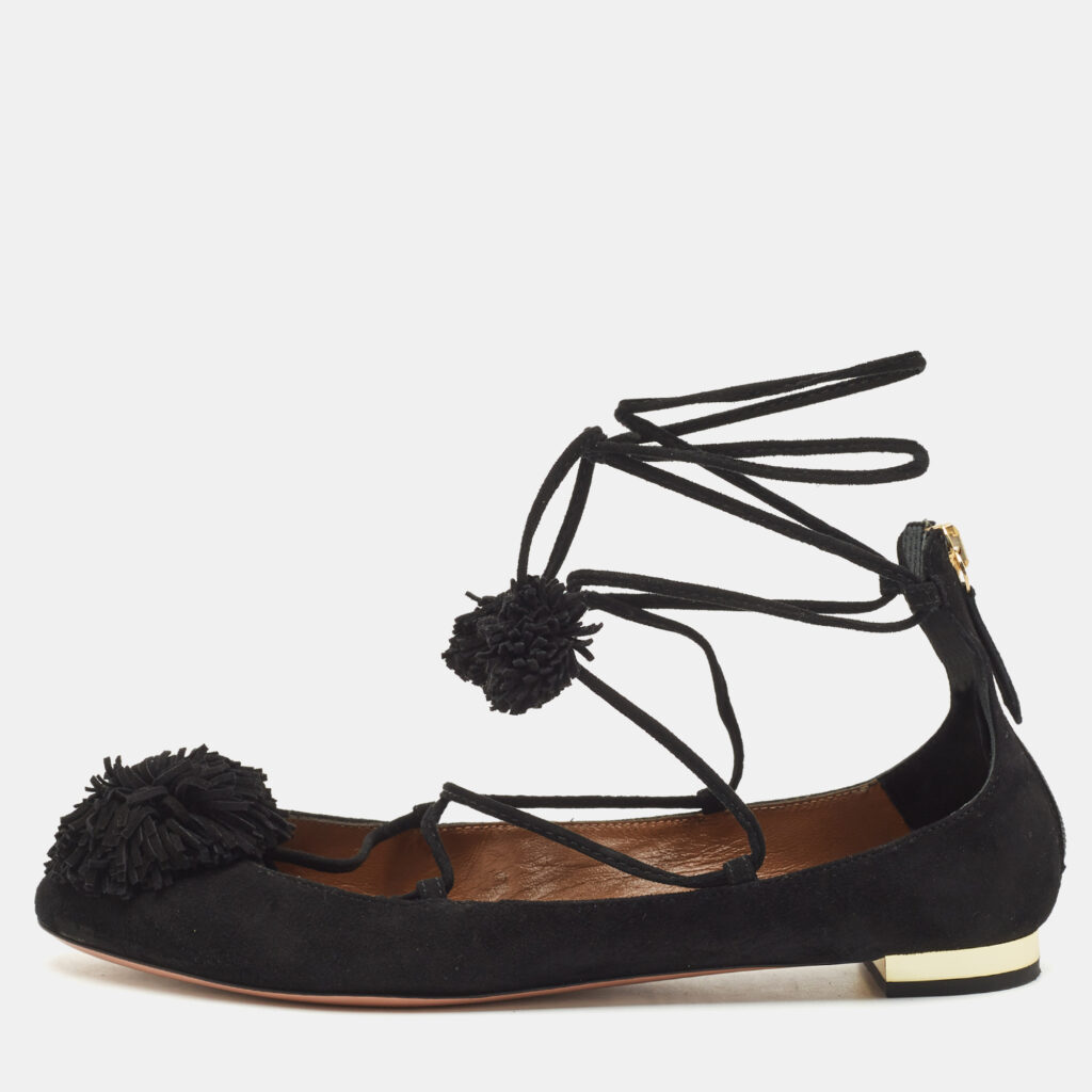 Aquazzura Black Suede Sunshine Ankle Tie Flats Size 37