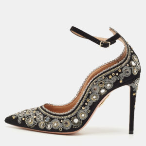 Aquazzura Black Suede Embroidered Jaipur Pointed Toe Ankle Strap Pumps Size 37