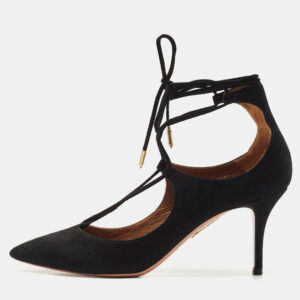 Aquazzura Black Suede Christy Pointed Toe Ankle Wrap Pumps Size 37