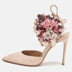 Aquazzura Pink Suede Disco Flower Embellished Ankle Tie Sandals Size 36.5