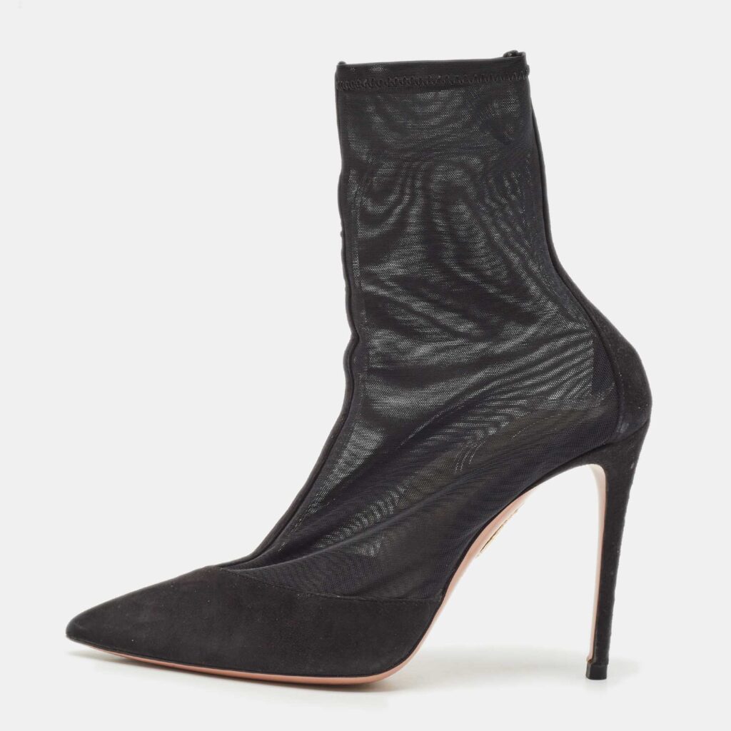 luxury-women-aquazzura-used-shoes-p1149203-001 Aquazzura Black Mesh and Suede Pointed Toe Hot Stuff Ankle Booties Size 37
