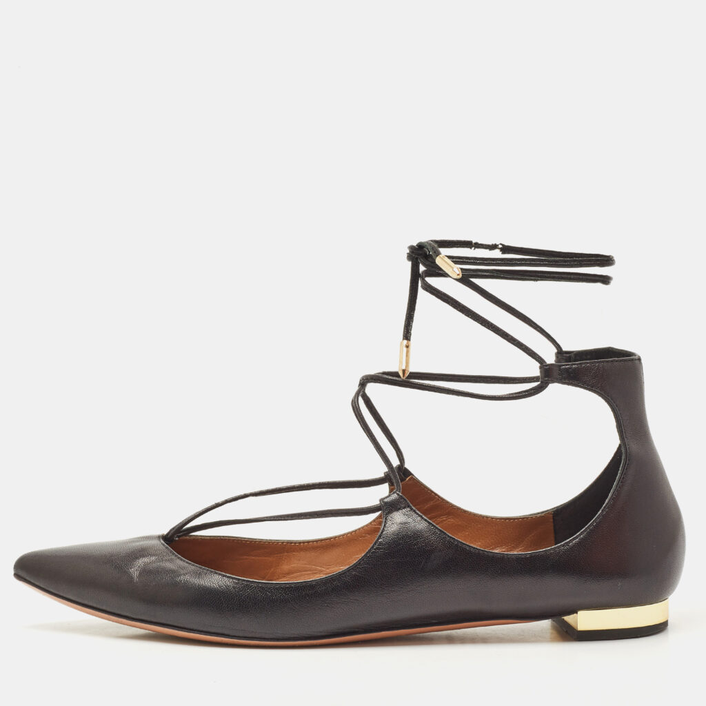 luxury-women-aquazzura-used-shoes-p1149204-001 Aquazzura Black Leather Christy Lace Up Pointed Toe Ballet Flats Size 39