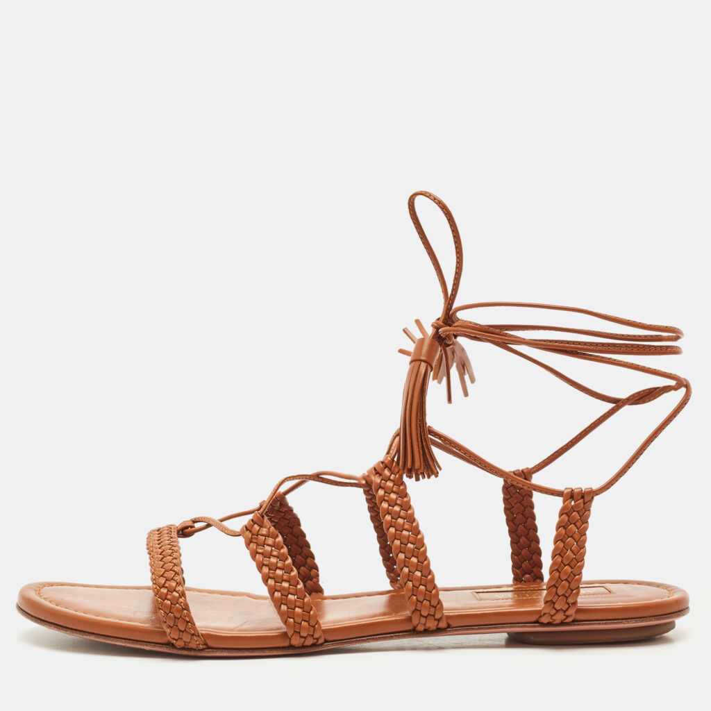 luxury-women-aquazzura-used-shoes-p1149215-001 Aquazzura Tan Leather Braided Stromboli Flat Sandals Size 36.5