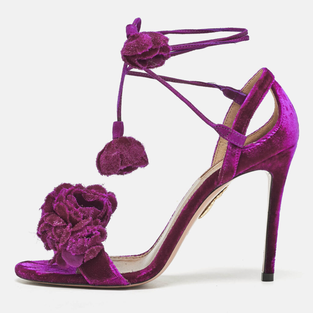 luxury-women-aquazzura-used-shoes-p1149218-010 Aquazzura Exotic Pink Velvet Wild Flower Ankle Wrap Sandals Size 36.5