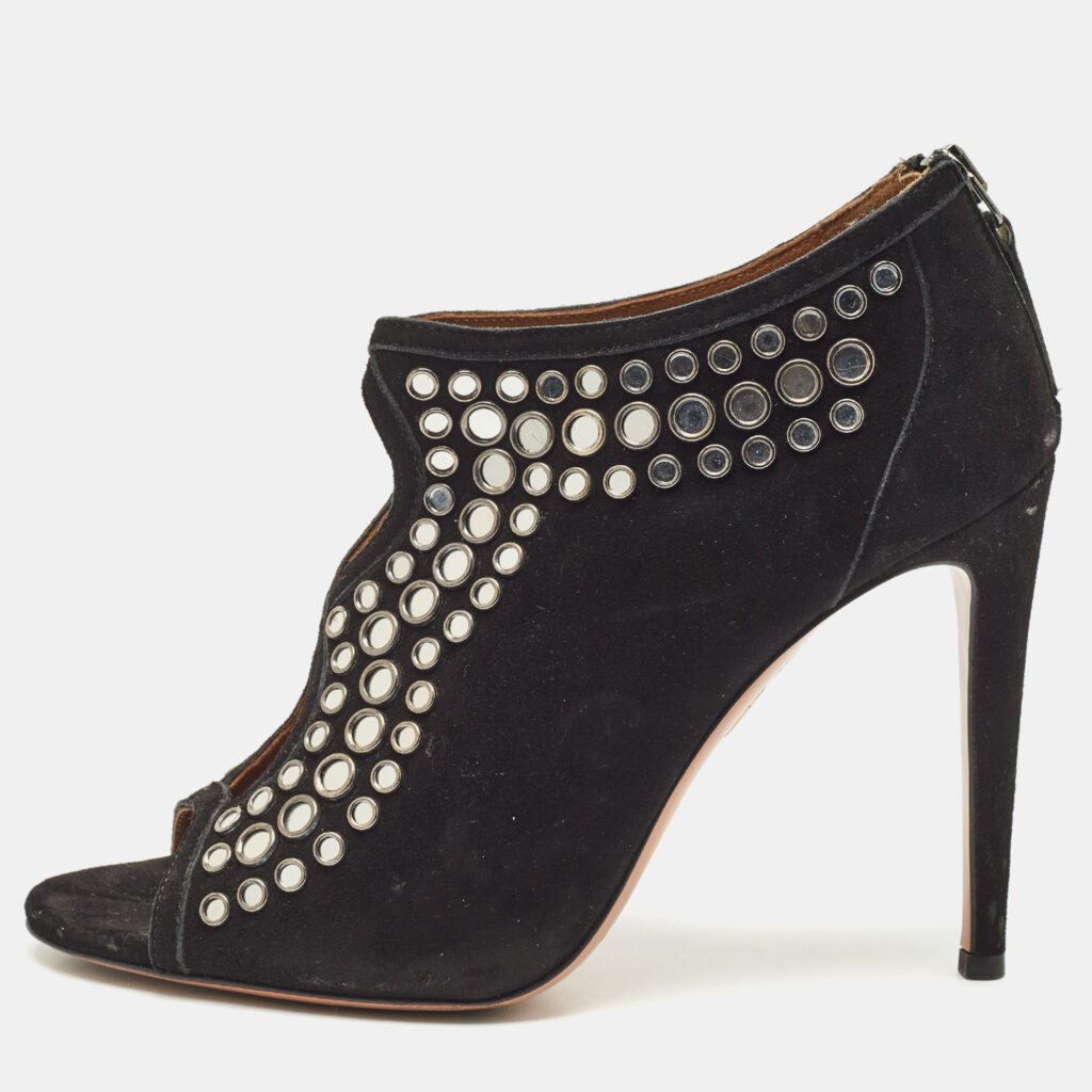 Aquazzura Black Suede Embellished Peep Toe Booties Size 37