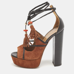 Aquazzura x Poppy Delevingne Brown Leather and Suede Ankle Wrap Platform Sandals Size 37