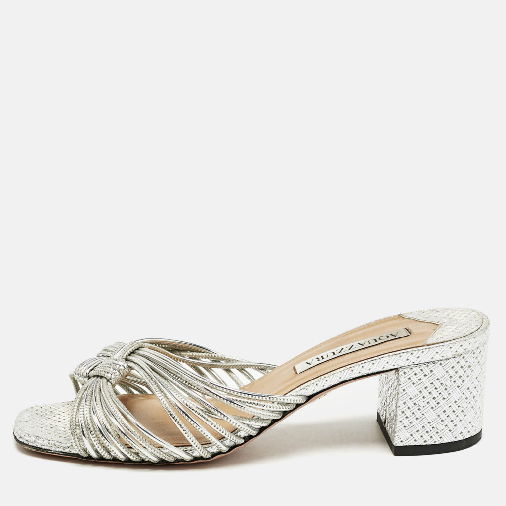 luxury-women-aquazzura-used-shoes-p1160948-010 Aquazzura Metallic Silver Leather Club Twist Slide Sandals Size 36