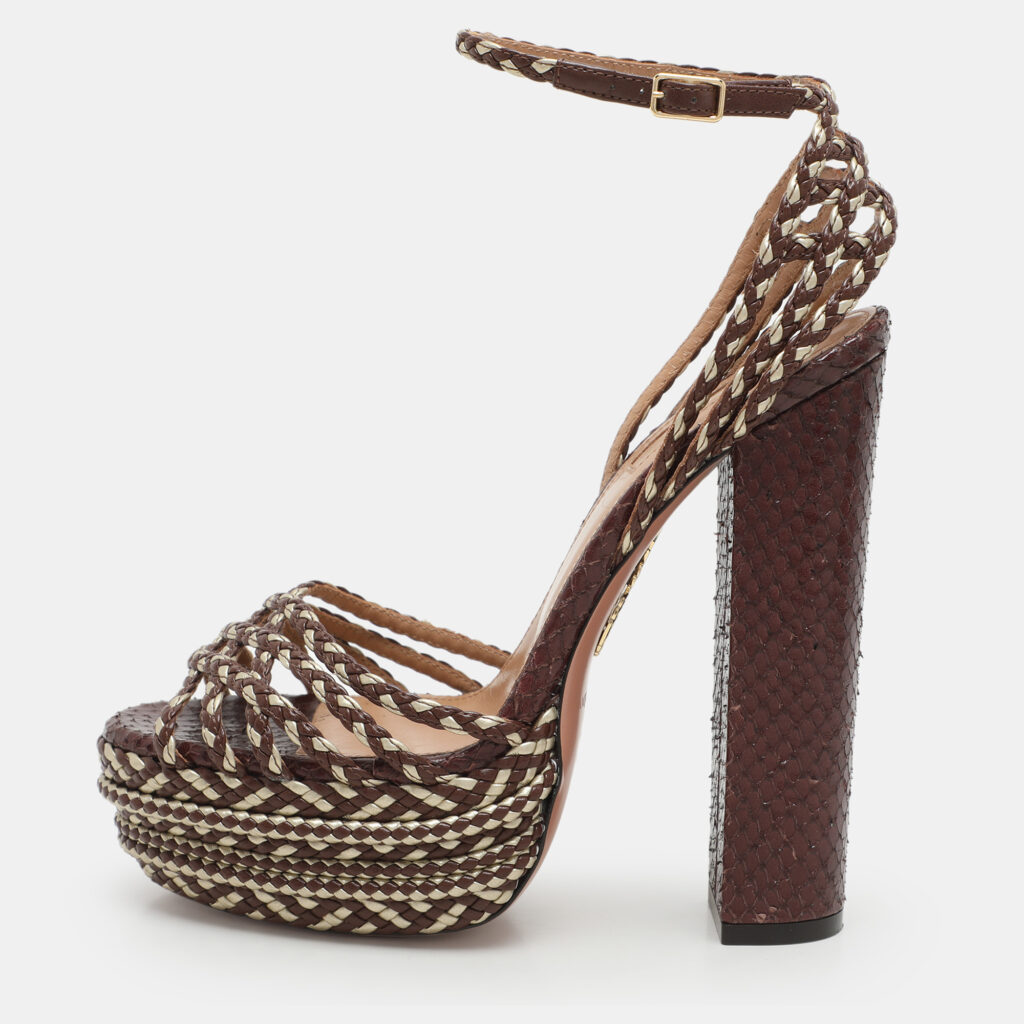 luxury-women-aquazzura-used-shoes-p1161010-001 Aquazzura Brown/Light Gold Braided Leather Cozumel Platform Sandals Size 36.5