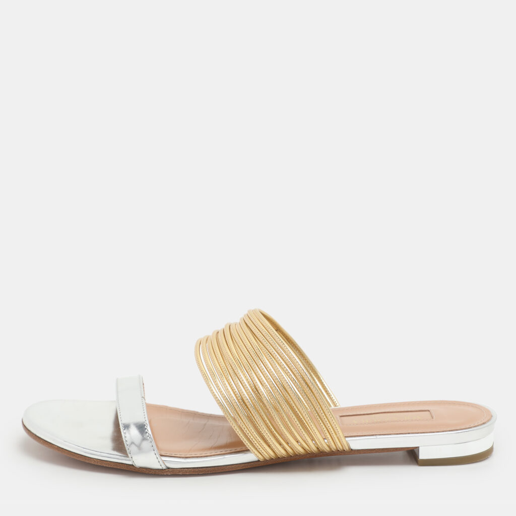 luxury-women-aquazzura-used-shoes-p1161017-001 Aquazzura Silver/Gold Leather Rendez Vous Flat Slides Size 37