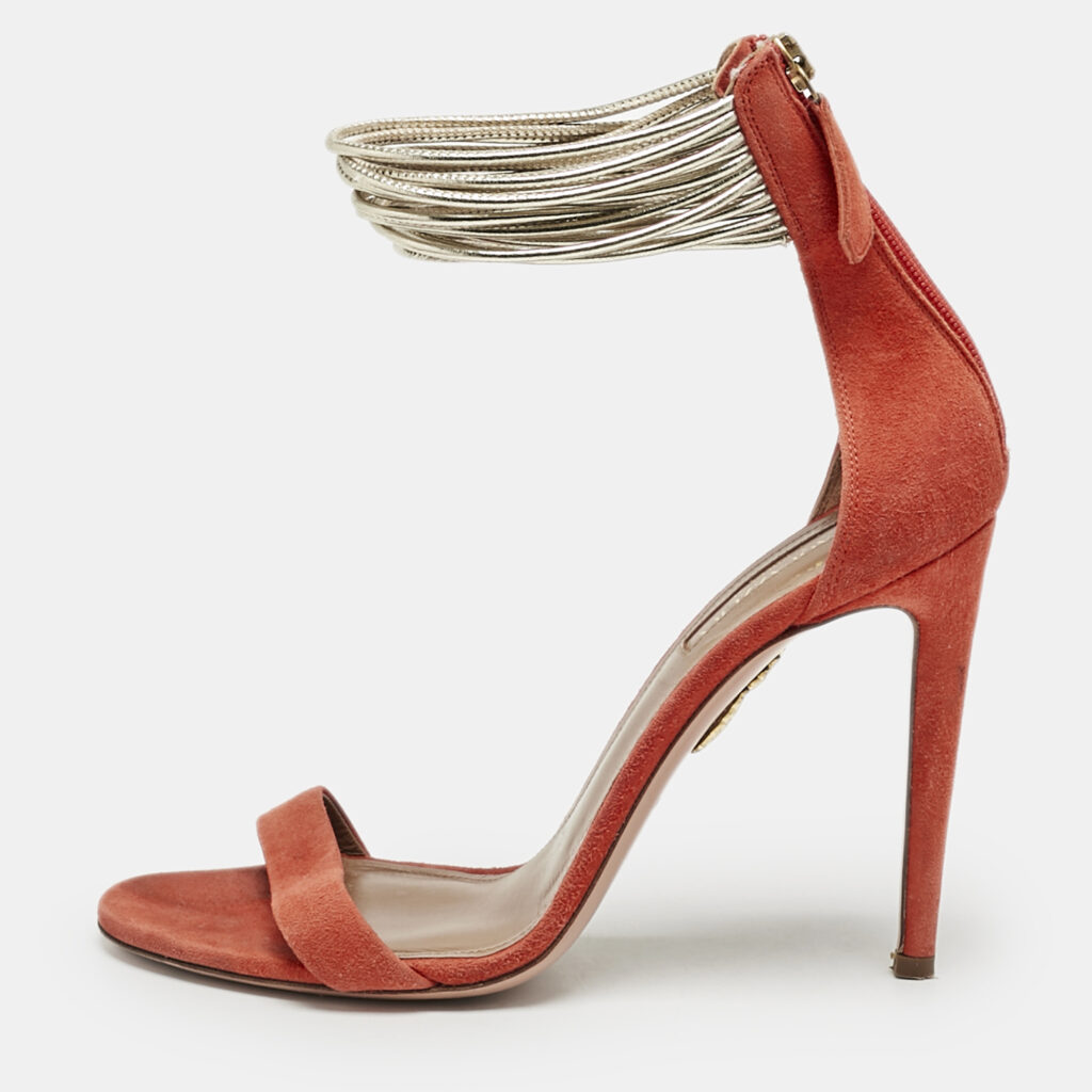 luxury-women-aquazzura-used-shoes-p1168912-001 Aquazzura Orange/Gold Leather and Suede Ankle Strap Sandals Size 37
