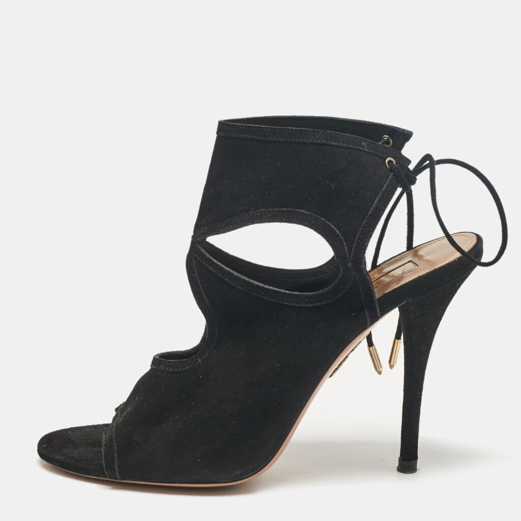luxury-women-aquazzura-used-shoes-p1169266-001 Aquazzura Black Cutout Suede Sexy Thing Peep Toe Sandals Size 37.5