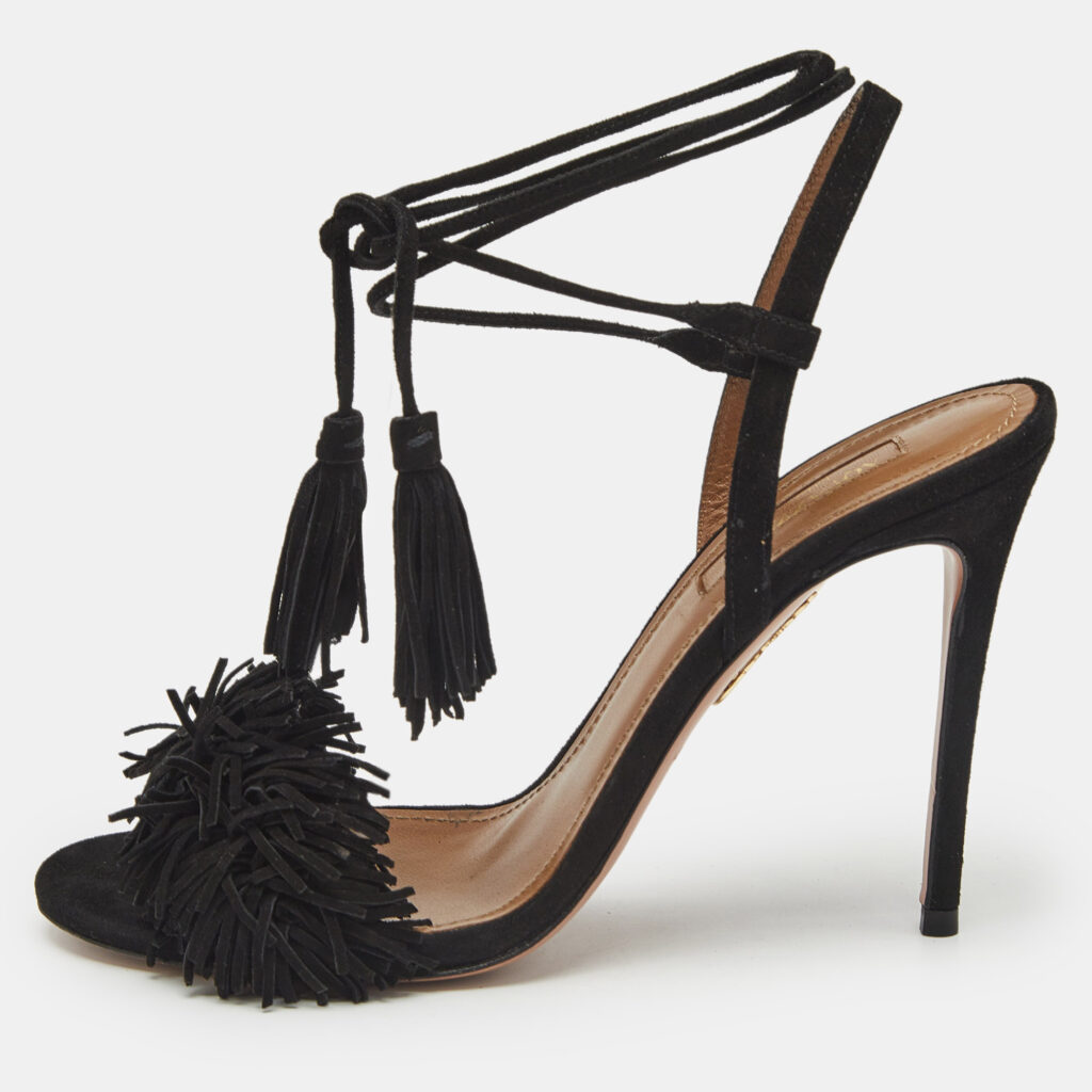 luxury-women-aquazzura-used-shoes-p1170343-001 Aquazzura Black Suede Wild Thing Ankle Strap Sandals Size 36