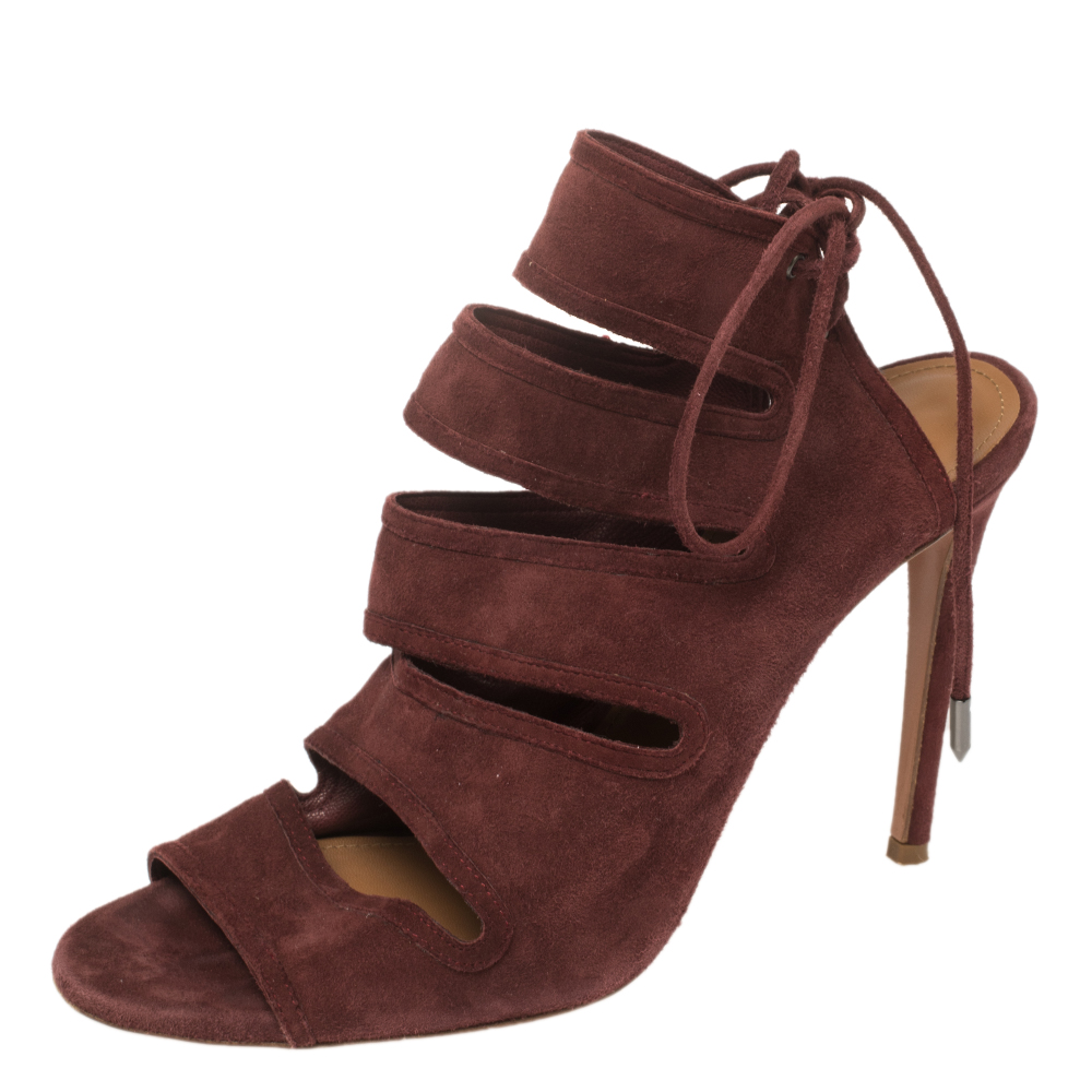 luxury-women-aquazzura-used-shoes-p452356-005 Aquazzura Maroon Suede Sloane Cutout Peep Toe Sandals Size 39